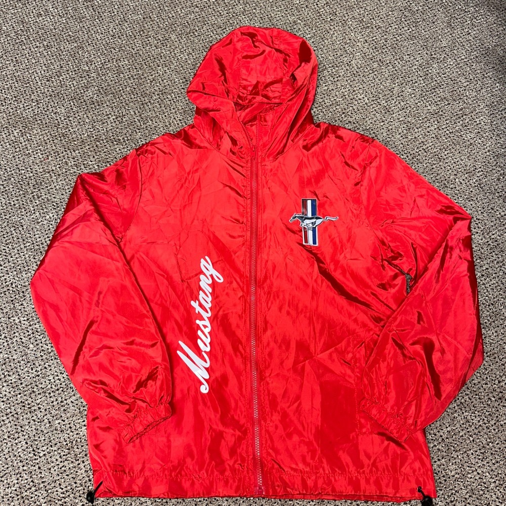 Ford Mustang Red Windbreaker Jacket Hooded Full Zip Pony Logo Mens Large L